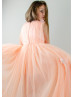 Peach Tulle High Low Floral Embellished Flower Girl Dress